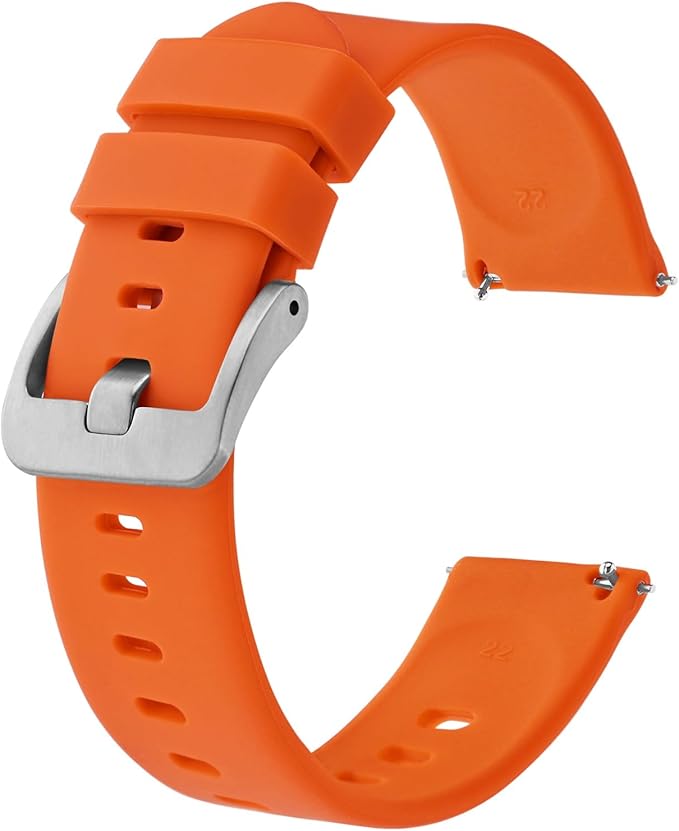 BISONSTRAP Silicone Watch Bands, Slim Watch Straps with Quick Release, 16mm, Orange with Silver Buckle