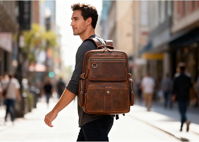 LUUFAN Full-grain Leather Laptop Backpack for Men Large Capacity Crazy Horse Leather Daypack Business Travel Outdoor Shoulder Bag, Brown