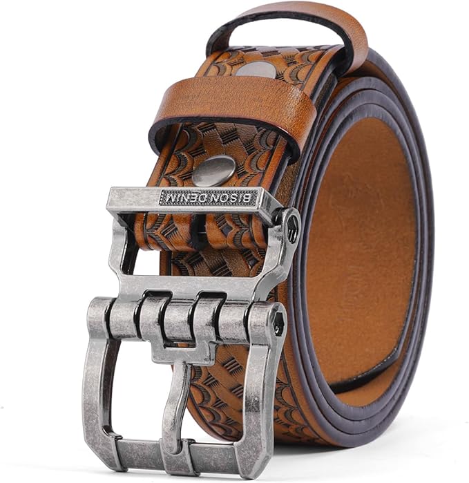 BISON DENIM Men's Genuine Leather Casual Belt, Classic Western Cowboy Dress Belts
