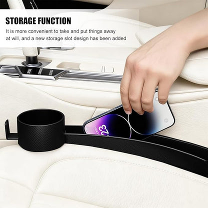 2PCS Car Seat Gap Filler, Dual Slot Carbon Fiber Vehicle Side Seat Gap Organizer Strip with Cup Holder, Auto Console Guard Spacer Stop Things from Dropping, Universal Fit (Black)