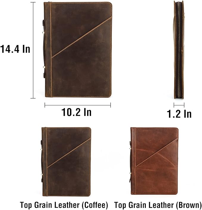 Top Grain Leather 14.2" Slim Laptop Zipper Folio Case, 2 Pockets Design, Compatible with MacBook Air 13" M2 A2681 M1 A2337 A2179 A1932/Pro 13" M2 M1 A2338 A2251 A2289 A2159, Coffee 14.2 Inch
