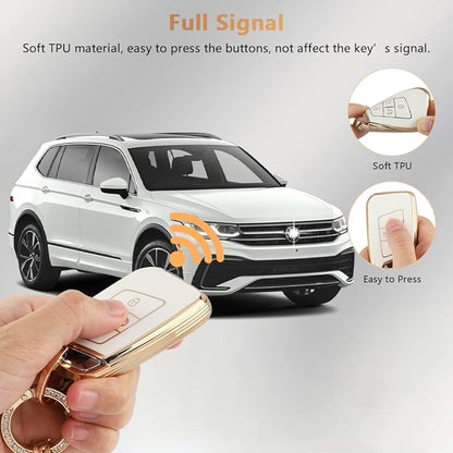 PIFOOG Key Fob Cover for VW Volkswagen White Gold Bling Keychain Tiguan Atlas Jetta Taos Arteon Car Accessories Cute TPU Smart Keys Case Shell Protector Crystal Girly Women