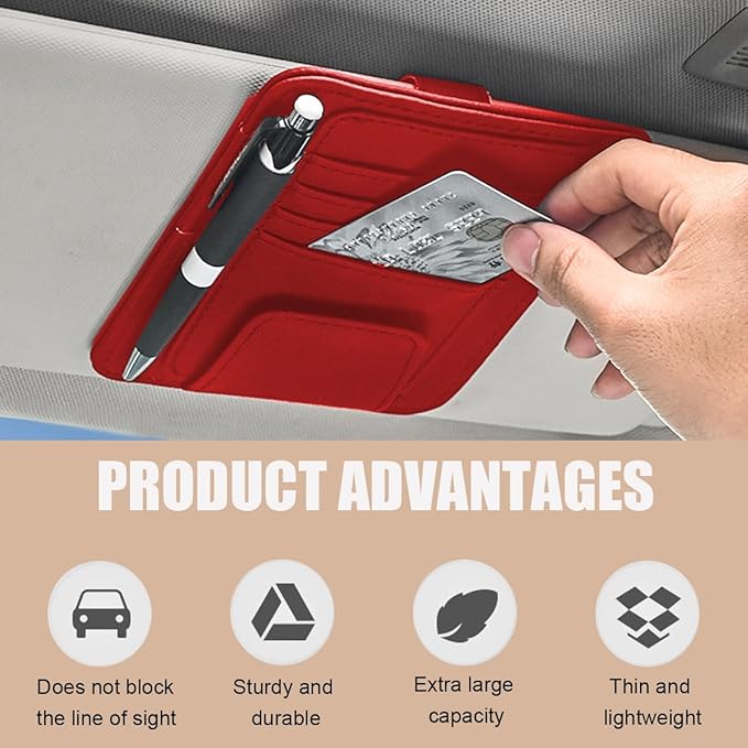 Augeny 2 PCS Car Sun Visor Organizer, Small Auto Visor Organizer and Storage, Registration and Document Holder for Sunglasses, Card, Pen, Driver License, Car Accessories (Red)