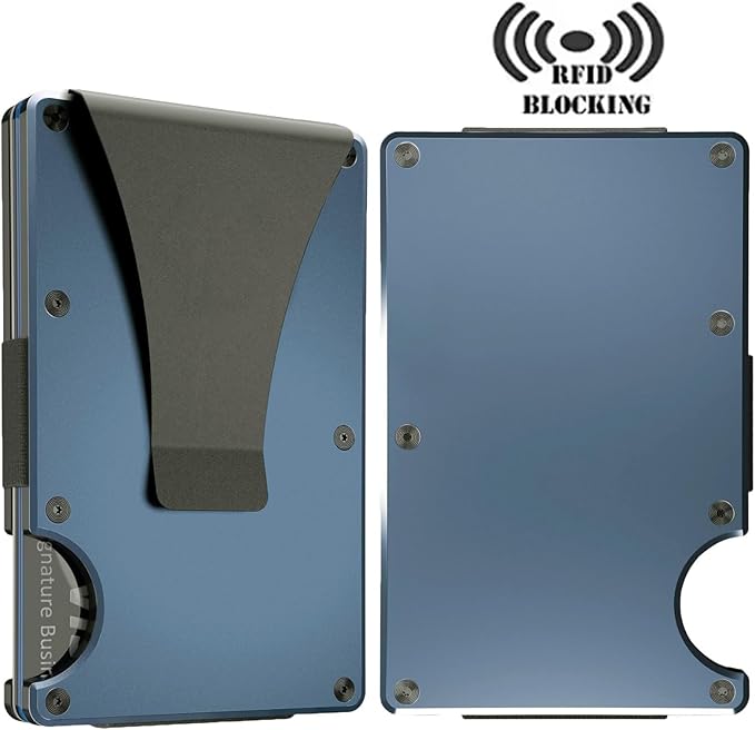 Leatherboss Wallet for Men RFID Blocking Minimalist Metal Card Holder with Money Clip Holds Credit Cards and Cash (Blue)
