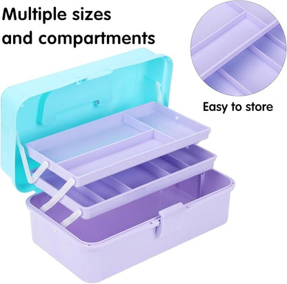 Sewing Box, 3-Layer Craft Organizers Portable Folding Toolbox, Plastic Tool Box with Handle for Sewing Supplies, Medicine, Art Supplies, Nails and Hair Accessories 12.5inch