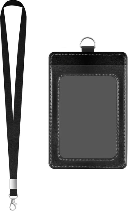 PU Leather ID Badge Holder Extra Thick ID Card Name Badge Holder with 1 Clear ID Window 1 Credit Card Slot for Office Staffs, Teachers/Students, Workers, Cruise Cards, Bus/Metro Cards (1 Pack Black)
