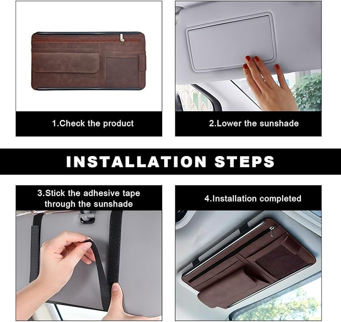Car Sun Visor Organizer, Soft Leather Vehicle Sunshade Glasses Storage Bag with Net Zipper, Automotive Multi-Pocket Organizer for Drive License Card Glasses Document (Brown)