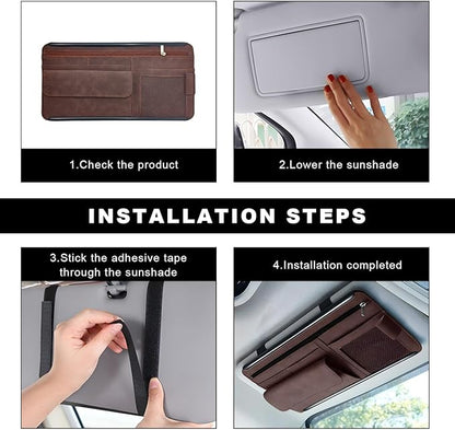 Car Sun Visor Organizer, Soft Leather Vehicle Sunshade Glasses Storage Bag with Net Zipper, Automotive Multi-Pocket Organizer for Drive License Card Glasses Document (Brown)