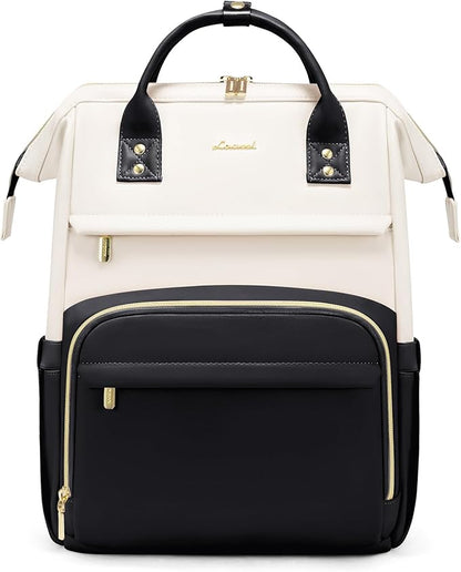 LOVEVOOK Leather Backpacks for Women,15.6 inch Leather Laptop Backpack Women,Professional Work Backpack Nurse College Teacher Bag,Womens Laptop Bag Computer Travel Backpacks Purse,Beige White-Black