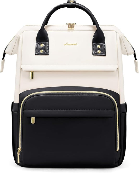 LOVEVOOK Leather Backpacks for Women,15.6 inch Leather Laptop Backpack Women,Professional Work Backpack Nurse College Teacher Bag,Womens Laptop Bag Computer Travel Backpacks Purse,Beige White-Black