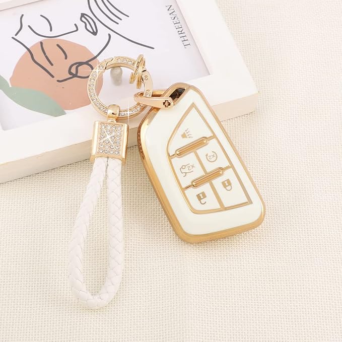 PIFOOG for Cadillac Key Fob Cover CT5 CT4 CT4-V Accessories 5 Buttons Soft TPU Car Smart Keys Shell Case Protector Full Covers Bling Keychain Lanyard Girly Women Cute White Gold