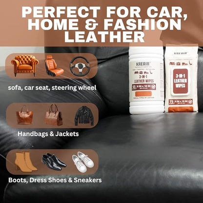 3in1 Leather Wipes 150 XL Count, Clean, Condition & Restore Shine, Extra-Large 8"x10" Wipes for Car Seats, Shoes, Furniture & Bags, Thick, Durable, Non-Linting, Safe for All Leather Types