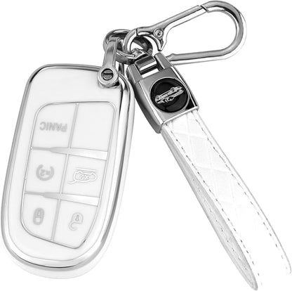 XIYANG TRADE for Jeep Key Fob Cover with Keychain,Soft TPU Key Case Shell Full Protection for Grand Cherokee Renegade Chrysler 200 300 Dodge RAM Durango Challenger Journey Dart Fiat Smart Key (White)