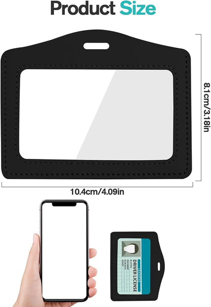 2 Pcs Genuine Leather ID Badge Holder Horizontal Double-Side Clear Card Holder Waterproof Name Badge Holder for Office, Staff, Students, Employees(Black&Black)