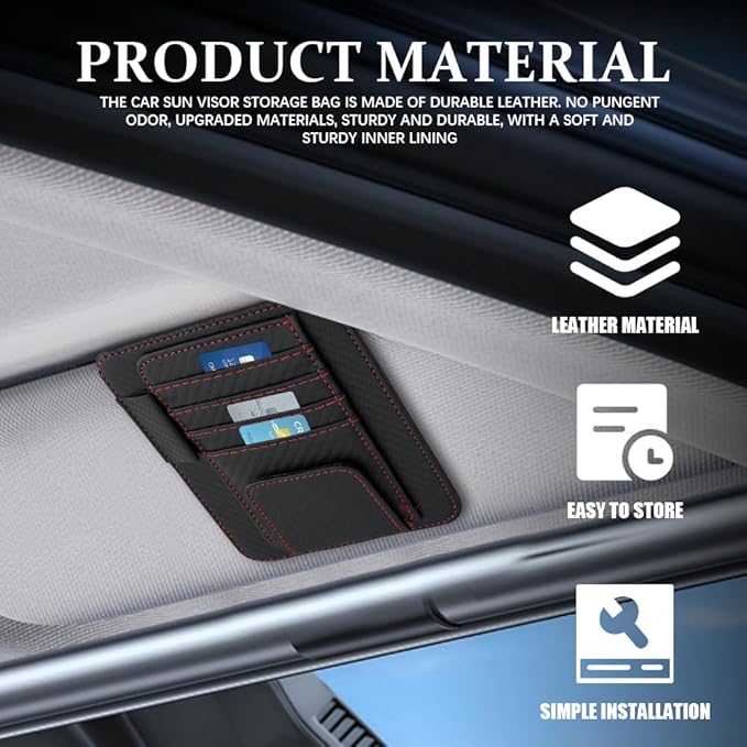 Small Leather Sun Visor Organizer, Visor Accessories, Multi-Pocket Sunvisor Storage with Sunglass Holder, Car Organizer for Drving License Card Pen Fits Most Vehicles (Carbon Fiber/Red Wire)