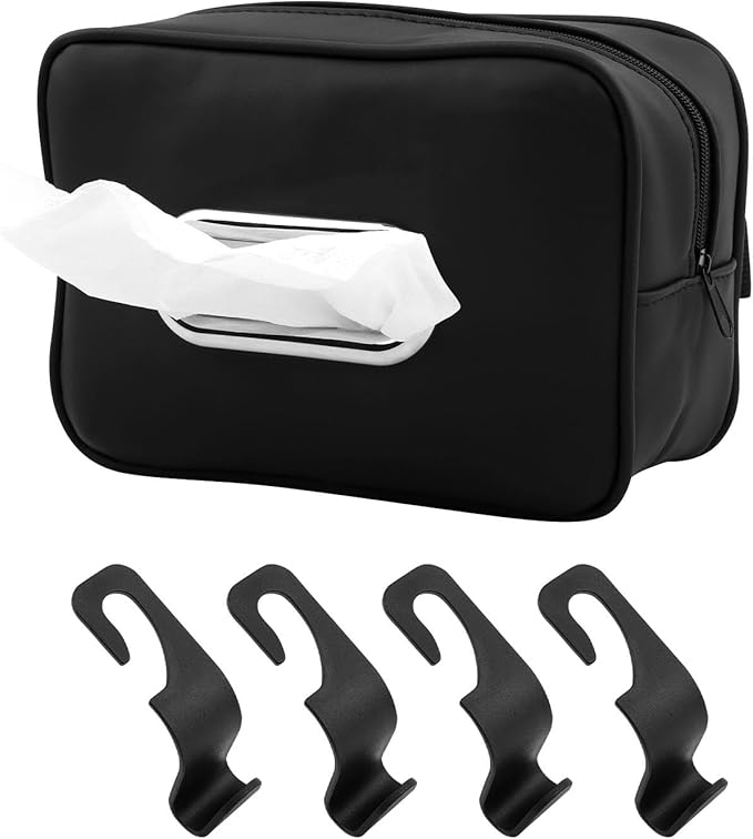 Car Tissue Box Holder, Backseat Rectangular Napkin Holder with 4 Hooks, Small 7.5in PU Leather Napkin Organizer with Metal Ring for Easy Pulling, Fits Headrest, Dashboard & Sun Visor(Color:Black)
