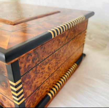 Hand Carved Wooden Box With lid Keepsake Box Storage Jewelry Decor Art Organizer Thuya Burl and Inlaid with Ebony and Mother of Pearl(Vintage Decorative Wood Box,)(Luxury Moroccan Wooden Box)
