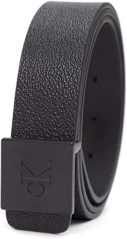 Calvin Klein Men's Plaque Buckle Belt - Casual Modern Style With Logo Detail for Jeans and Dress Pants
