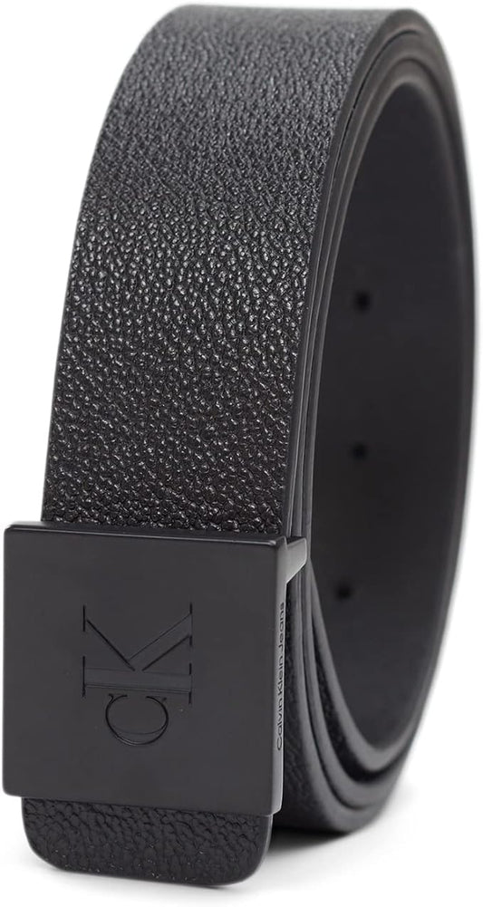 Calvin Klein Men's Plaque Buckle Belt - Casual Modern Style With Logo Detail for Jeans and Dress Pants