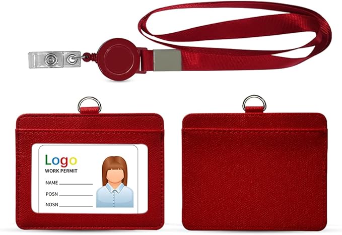 HYCOPROT ID Badge Holder with Lanyard Heavy Duty Retractable PU Leather Vertical Horizontal ID Card Holders with 1 Clear ID Window & 1 Credit Card Slot and Kevlar Pull Cord for Office School