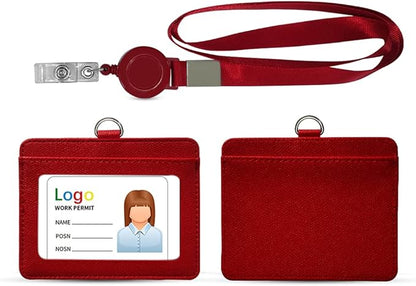 HYCOPROT ID Badge Holder with Lanyard Heavy Duty Retractable PU Leather Vertical Horizontal ID Card Holders with 1 Clear ID Window & 1 Credit Card Slot and Kevlar Pull Cord for Office School