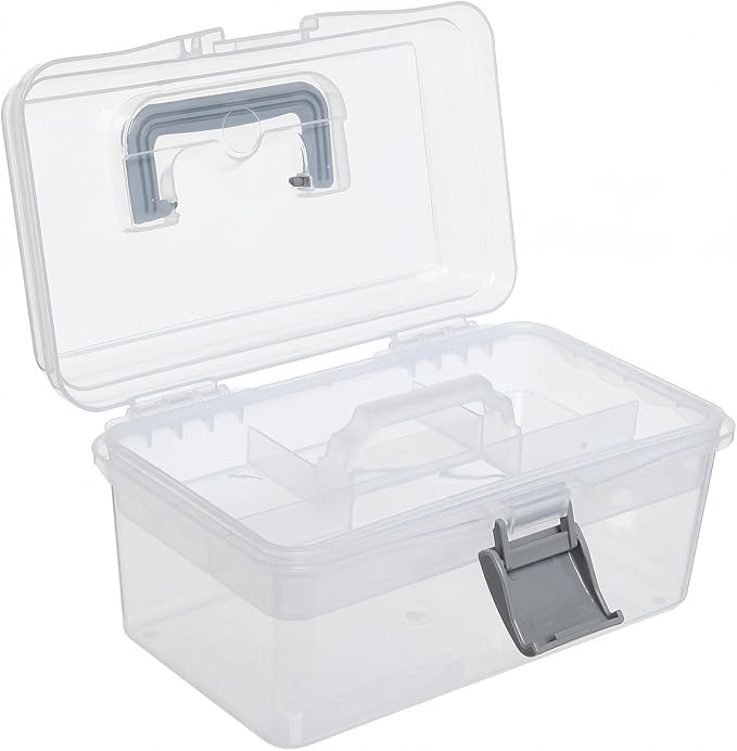 MyGift 10.2 Inch Transparent Plastic Empty Multipurpose Tackle Box with Gray Handle and Removable Tray for Tools, First Aid, Sewing Kit, Arts Crafts Supplies Storage