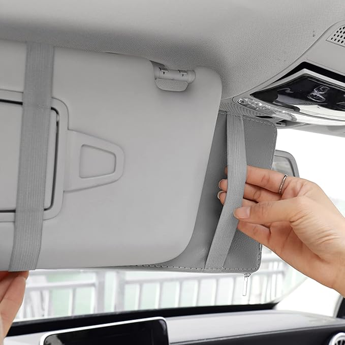 2 Packs Gray Car Sun Visor Organizer, Sunglasses Holders for Car Sun Visor, PU Leather, Auto Interior Accessories Storage Travel Document Holder with Multi Pocket