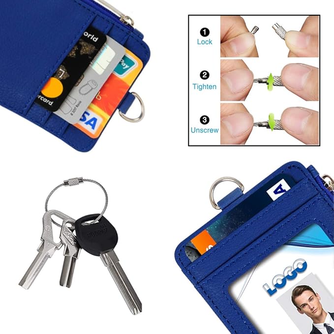 Badge Holder with Zipper, Life-Mate PU Leather ID Badge Card Holder Wallet Case with 5 Card Slots Zipper Pocket 19" Polyester Neck Lanyard Heavy Duty Metal Retractable Badge Reel (Blue)