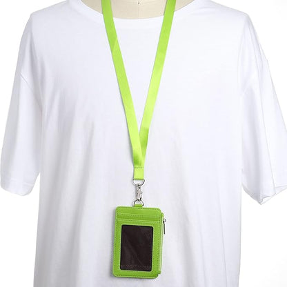 MECCANIXITY ID Badge Holders with Lanyard, Vertical PU Leather 5 Card Slots Zipper Portable Wallet Clear Window for Office, Green