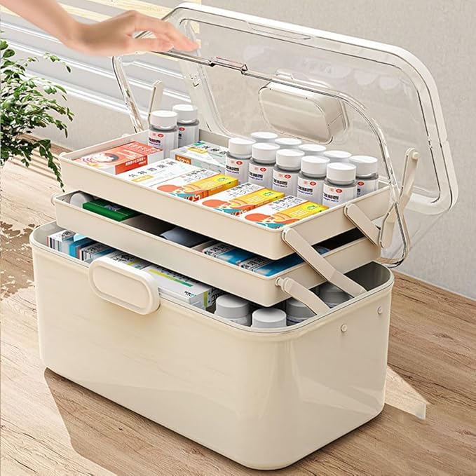 3-Tier 12 x 9 x 7 Medicine Organizer, Medicine Cabinet Organizer with Portable Pill Case, Multipurpose Plastic Box for Storage Empty First Aid Box