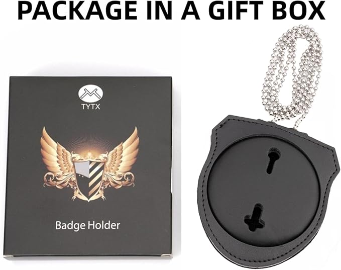 TT TYTX Police Badge Holder (Badge Not Included), Leather Universal Sheriff Badge Holder with Belt Clip, Hook and Loop Closure and Round Neck Stainless Steel Chain (Circle 2.7 Inch)