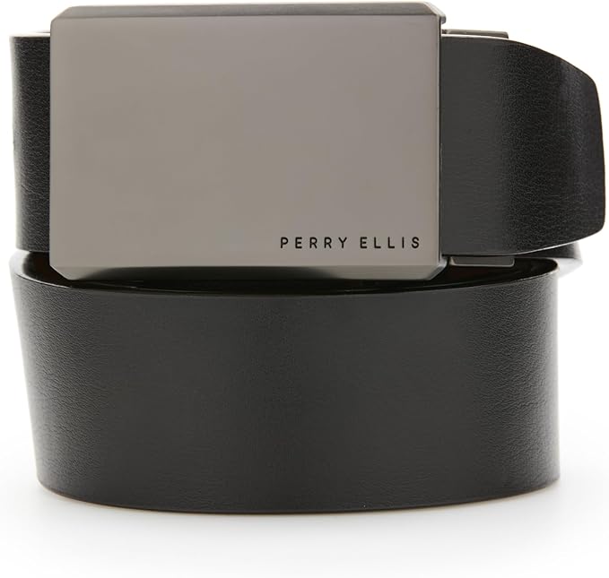 Perry Ellis Men's Reversible Bonded Leather Plaque Buckle Dress Belt