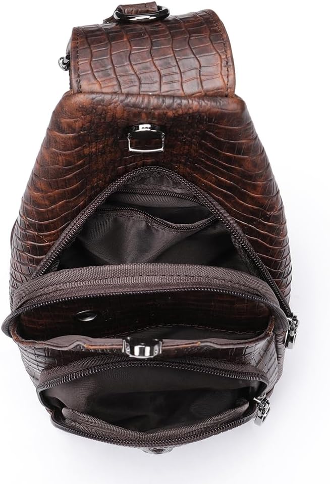 NIUCUNZH Crocodile Leather Sling Bag with Leather Strap, 3 Zipper Crossbody Shoulder Bags for Travel Hike Everyday Carry