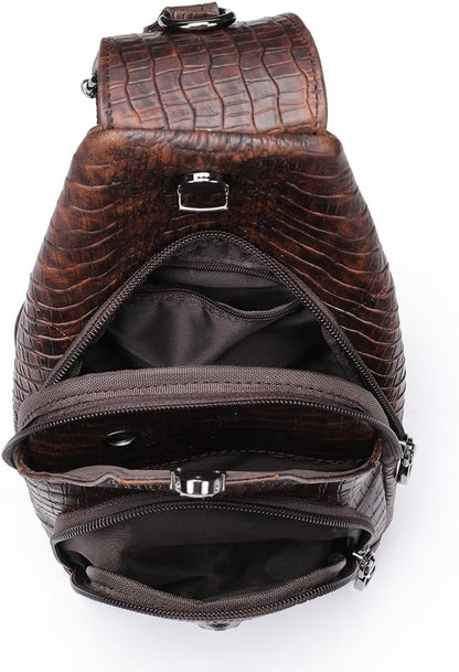 NIUCUNZH Crocodile Leather Sling Bag with Leather Strap, 3 Zipper Crossbody Shoulder Bags for Travel Hike Everyday Carry