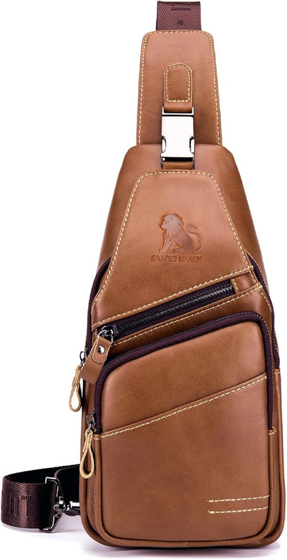 pundarika Leather Sling Bag for Men - Crossbody, Casual Shoulder Bag. Multi-Functional Chest Bag, Travel & Hiking Backpack - Brown