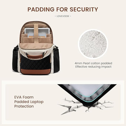 LOVEVOOK Laptop Backpack for Women with Pouch Pocket for Large Capacity Cup,17 Inch Teacher Nurse College Work Travel Backpack Purse,Waterproof Laptop Computer Bags,Beige-Black-Brown+Diamond-shaped
