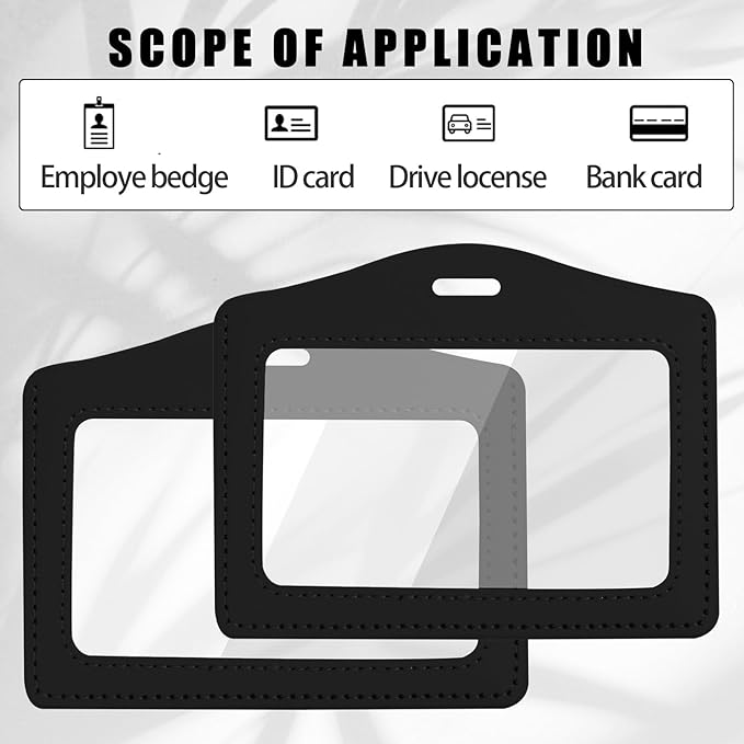 Horizontal Badge Holder, Badge Protector Horizontal 2 PCS Genuine Leather ID Badge-Holder Bus Pass Holder with Clear Window Black Leather ID Holders for Office, Staff, Employees, Teachers, etc