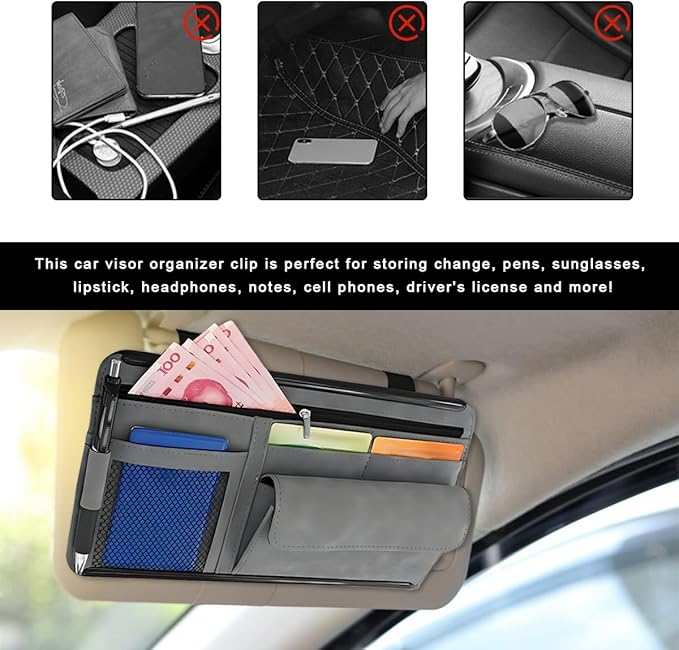 Car Sun Visor Organizer, Soft Leather Vehicle Sunshade Glasses Storage Bag with Net Zipper, Automotive Multi-Pocket Organizer for Drive License Card Glasses Document (Gray)