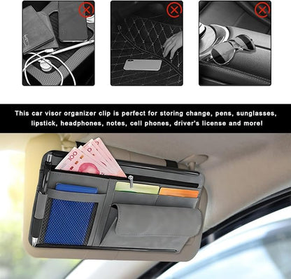Car Sun Visor Organizer, Soft Leather Vehicle Sunshade Glasses Storage Bag with Net Zipper, Automotive Multi-Pocket Organizer for Drive License Card Glasses Document (Gray)