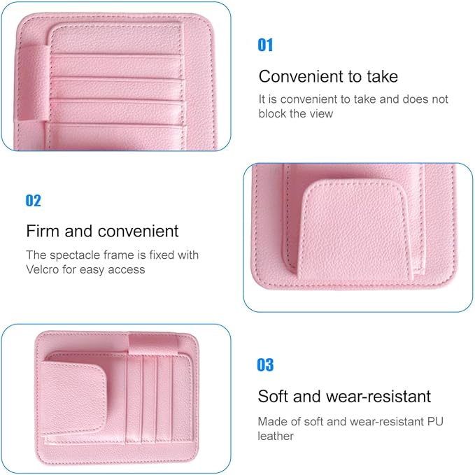 Car Sun Visor Organizer, PU Leather Vehicle Visor Document Storage Pocket for Sunglass Card Pen, Multifunctional Automotive Interior Holder Accessories, Universal Fit (Pink)