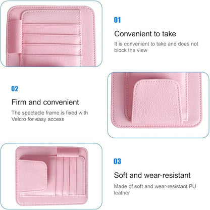 Car Sun Visor Organizer, PU Leather Vehicle Visor Document Storage Pocket for Sunglass Card Pen, Multifunctional Automotive Interior Holder Accessories, Universal Fit (Pink)