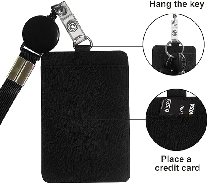 HYCOPROT ID Badge Holder with Lanyard Heavy Duty Retractable PU Leather Vertical Horizontal ID Card Holders with Kevlar Pull Cord for Office School Driver Licence (Vertical, Coffee)