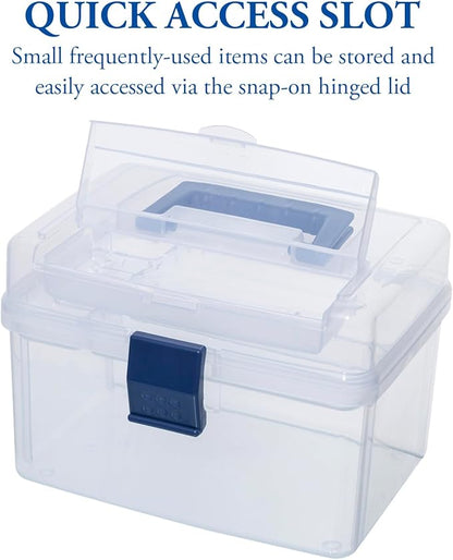 MyGift 10 Inch First Aid Clear Bin with Detachable Tray and Blue Quick Access Top Lid Flap, Portable Emergency Kit, Medical Supply Travel Tote, Medicine Storage Box Container (Navy)