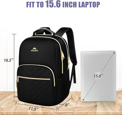 MATEIN Laptop Backpack for School, Water Resistant College Bookbag, 15.6 Inch Work Backpack for Women with Mulitiple Pockets, Stylish Computer Bag for Student, Commuter, Black