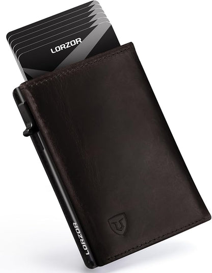 LORZOR Minimalist Wallet for Men with Credit Card Holder, Finest Full Grain Leather, Pop up Smart Wallet, Trifold Slim Wallet, RFID Blocking, Front Pocket, ID Window