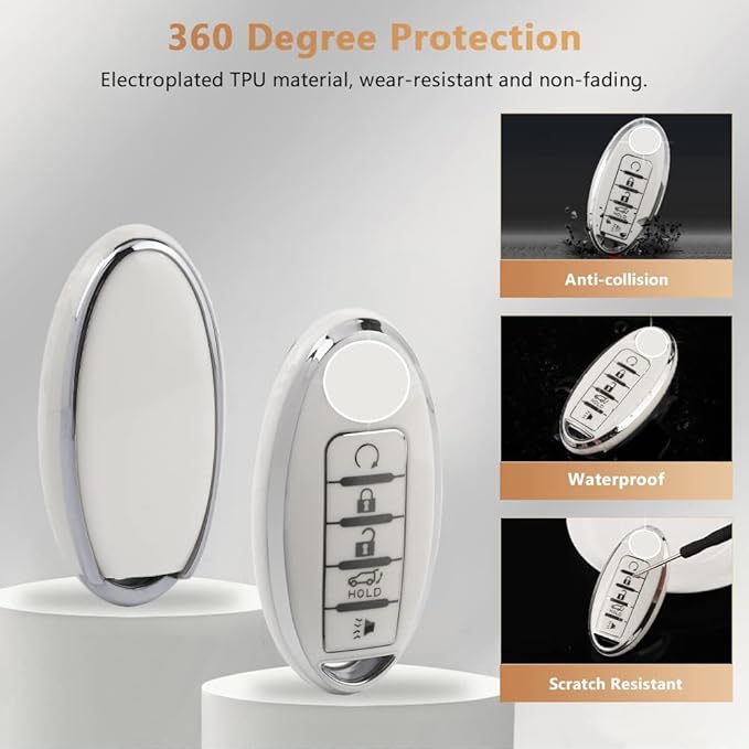 PIFOOG Car Key Cover for Nissan 5 Buttons Keys Fob Case TPU Bling Keychain for Nissan Altima Sentra Rogue Pathfinder Murano Armada Maxima Versa Girly Women White Silver