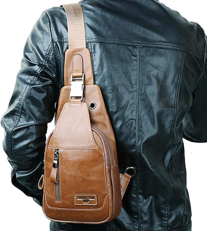 Hebetag Leather Sling Bag Hiking Daypack for Men Women Outdoor Travel Camping Fishing Crossbody Shoulder Chest Pack Daypack Small Brown