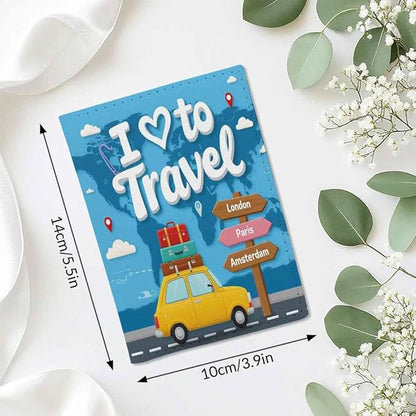 I Love to Travel Passport Holder for Travel Car Carries Luggage to Different Countries PU Leather Passport Cover Wallet Cute Passport Card Holder for Women and Men