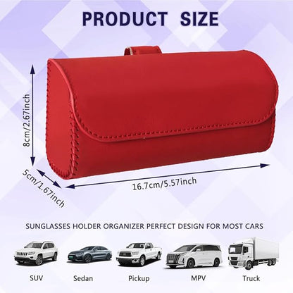 Sunglasses Holder for Car Sun Visor, Sunglass Organizer for Car, Magnetic Leather Eyeglasses Protective Storage Case, Waterproof Glasses Organizer Visor Accessories for Vehicles (Red)