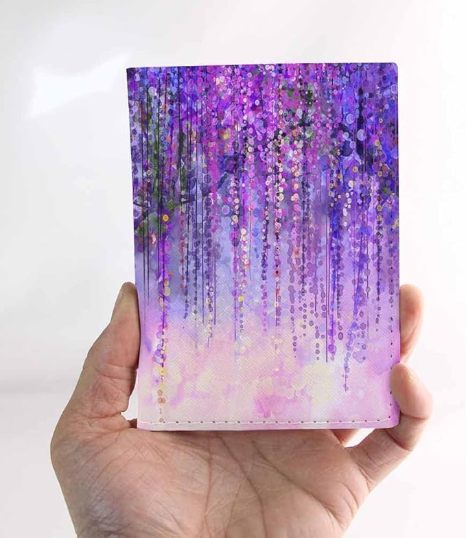 Violet Flowers Passport Holder for Travel Purple Floral Wisteria In Blossom PU Leather Passport Cover Wallet Cute Passport Card Holder for Women and Men